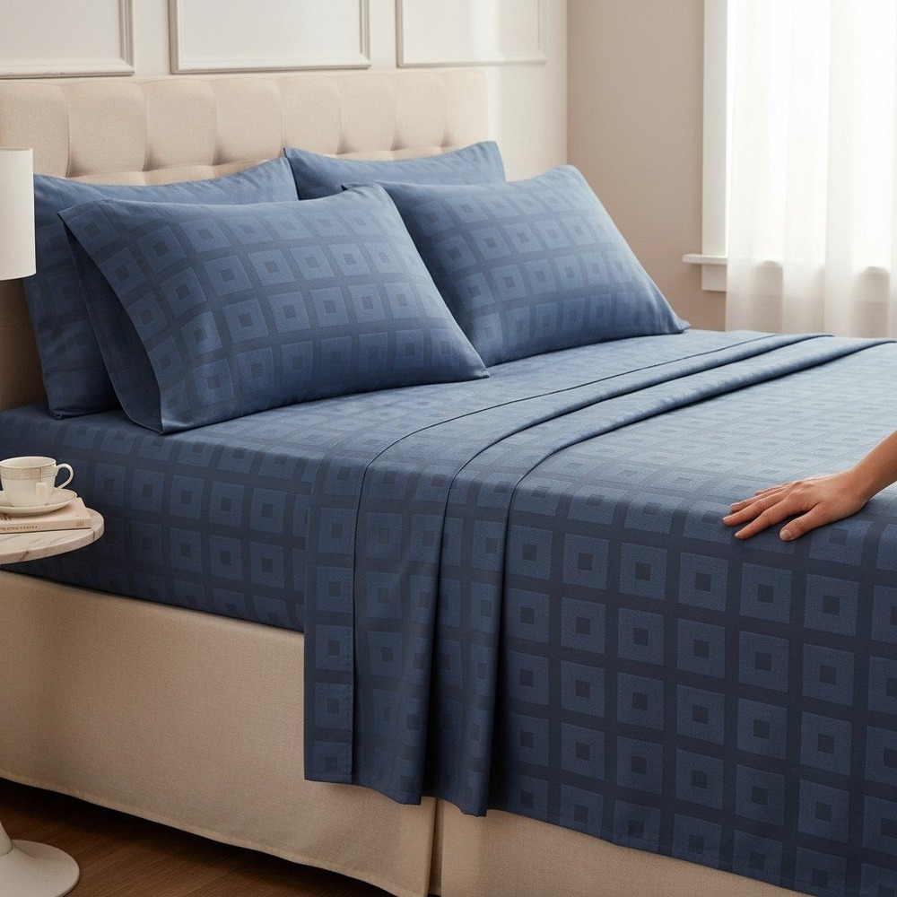 Cosy House Collection Queen Bed Sheets Blue 1800 Series Square Pattern New